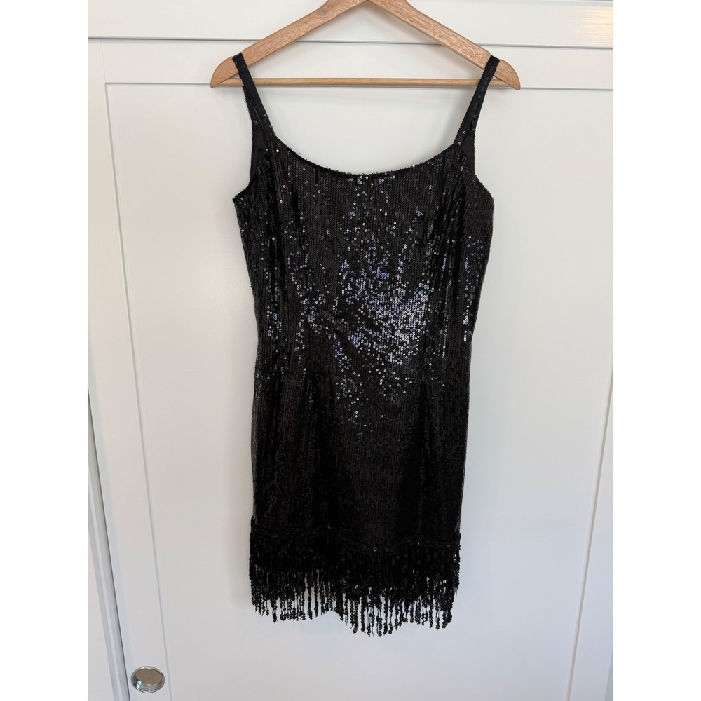 Basix Black Label Womens Black Sequin Fringe Mini Dress Low Back Cocktail Size 8